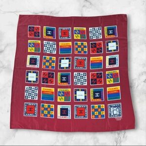 CHANEL Vibrant Geometric Logo Multicolor 100% Silk Scarf Burgundy  35x35"